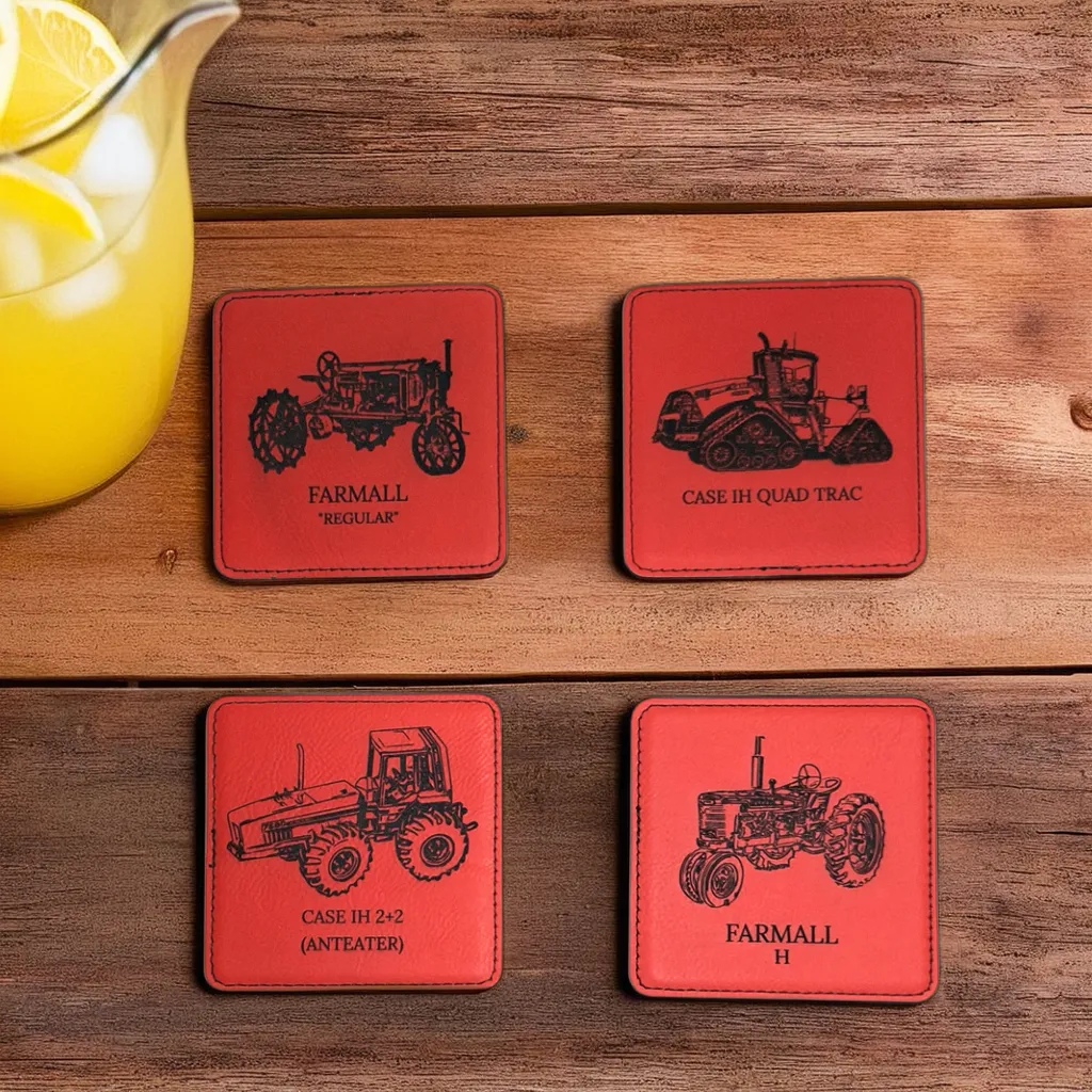 Farm tractor leatherette coasters in assorted colors on wood slice