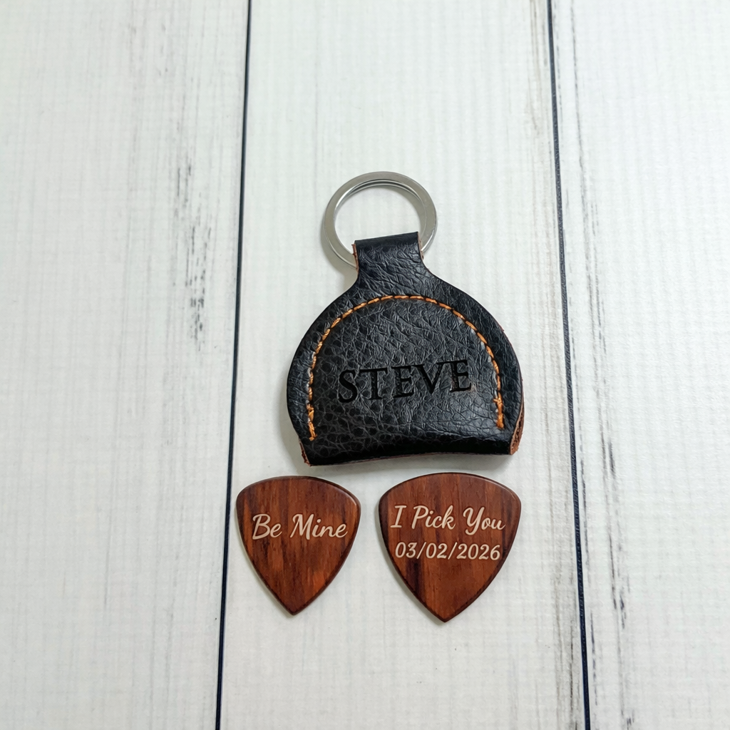 Personalized Guitar Pick Holder Keychain With Custom Wooden Guitar Pick
