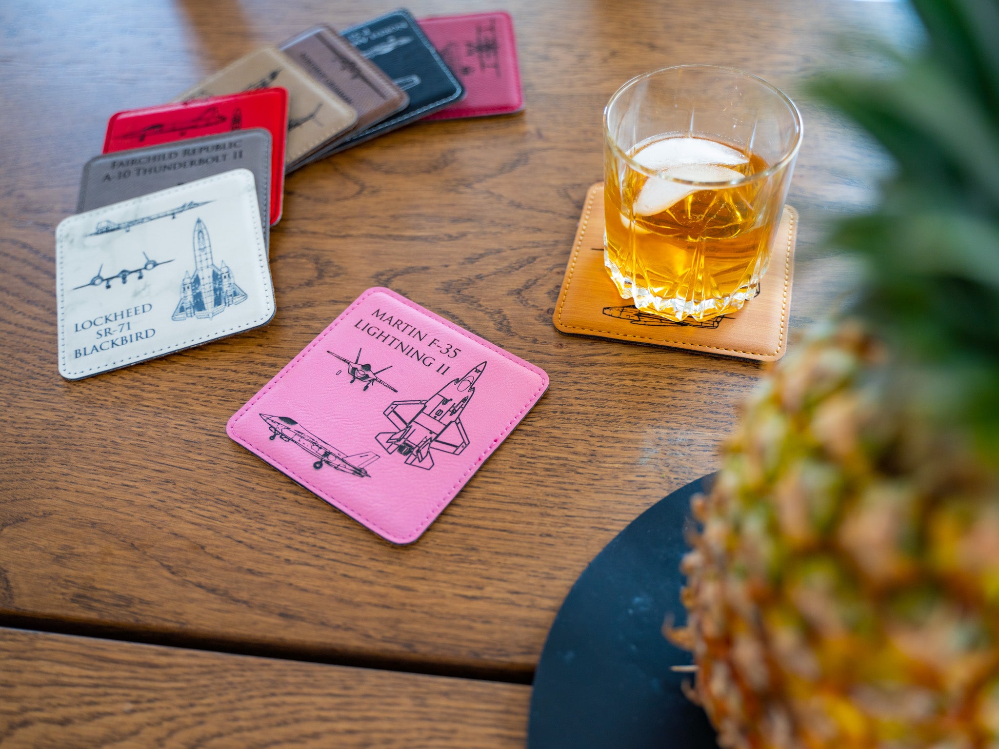 Aviation leatherette coasters with engraved airplane designs
