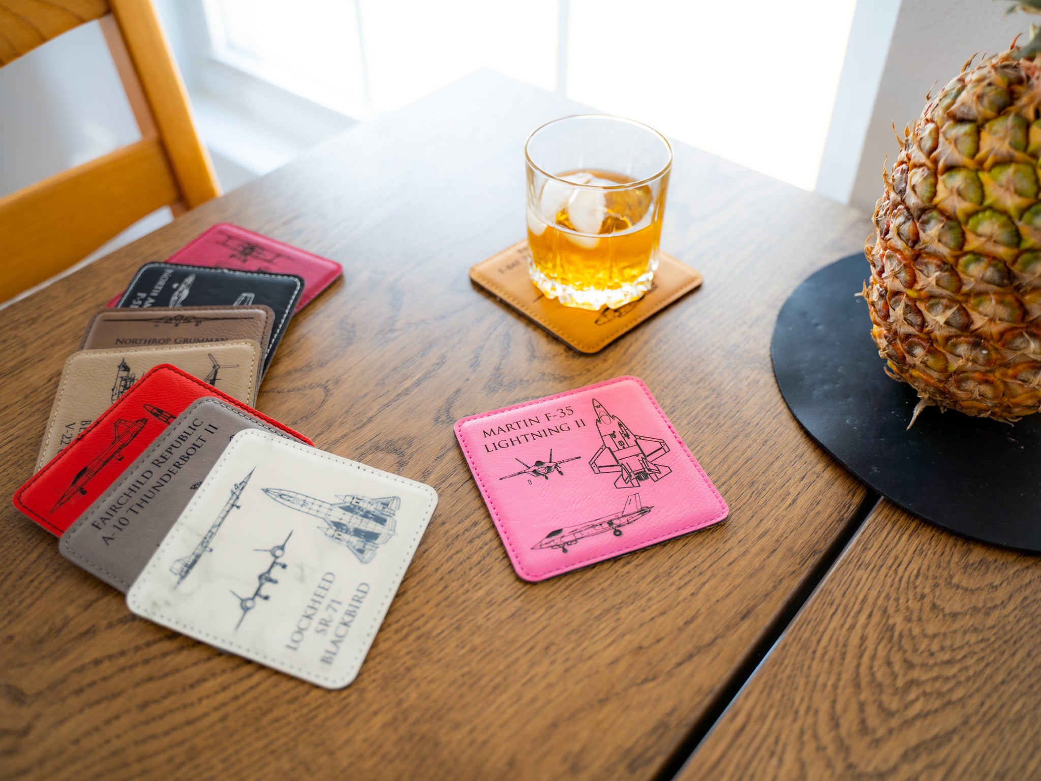 Aviation leatherette coasters with engraved airplane designs