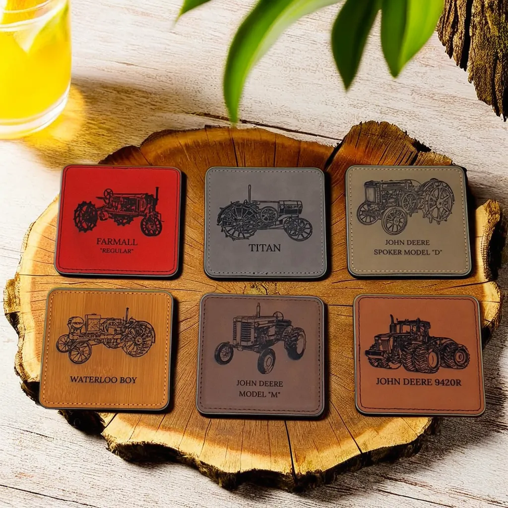 Personalized tractor coasters in leatherette with multiple tractor models