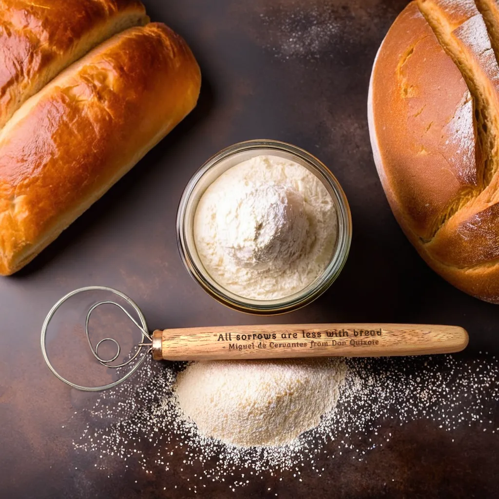 Engraved baking whisk with sourdough bread and flour
