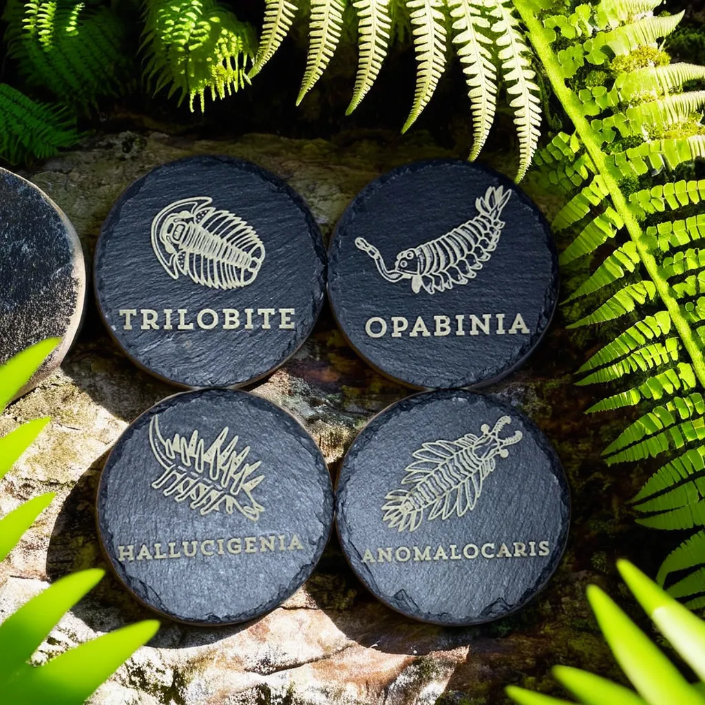Paleontology slate coasters with Cambrian creature designs