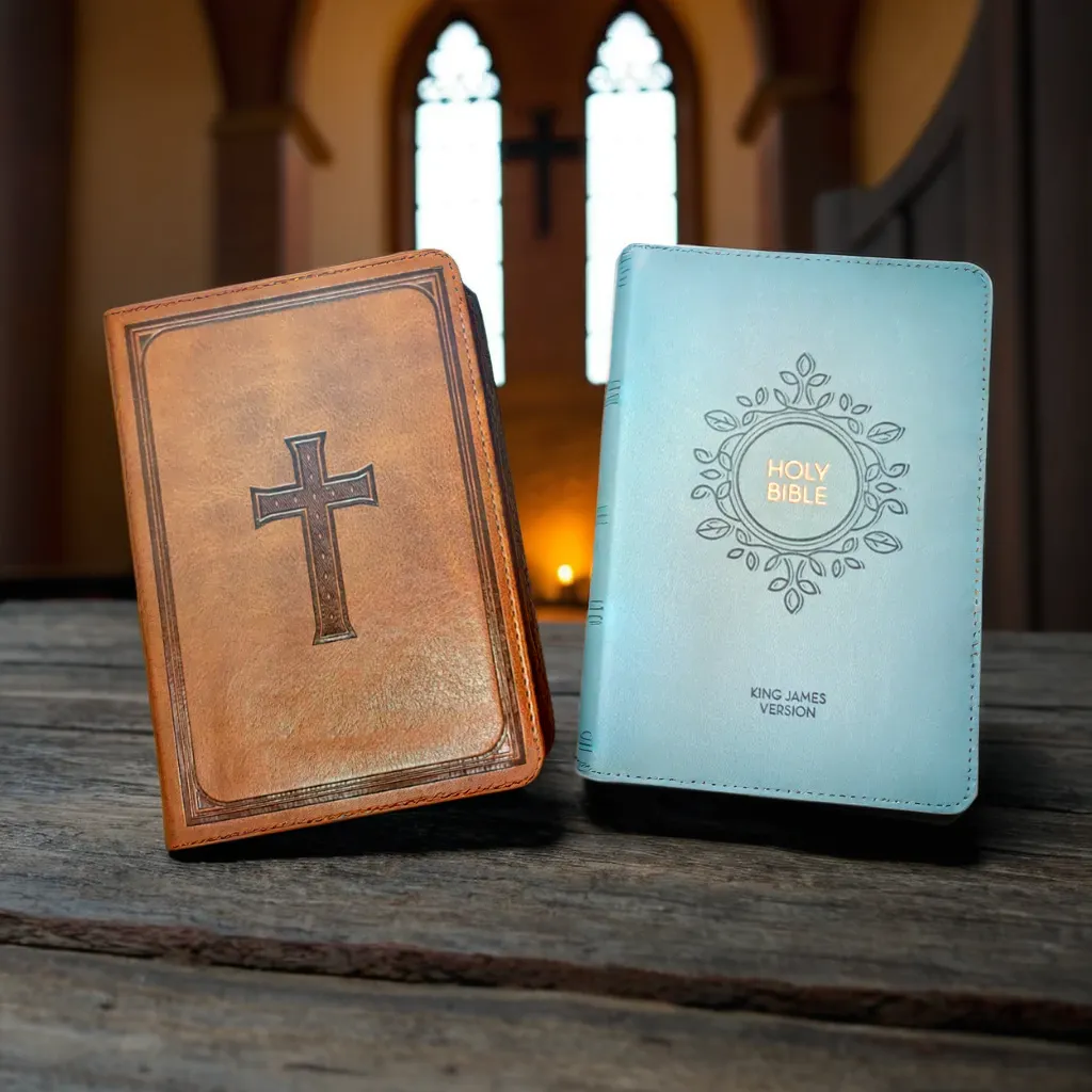 Personalized leather Bible with engraved name and cross design
