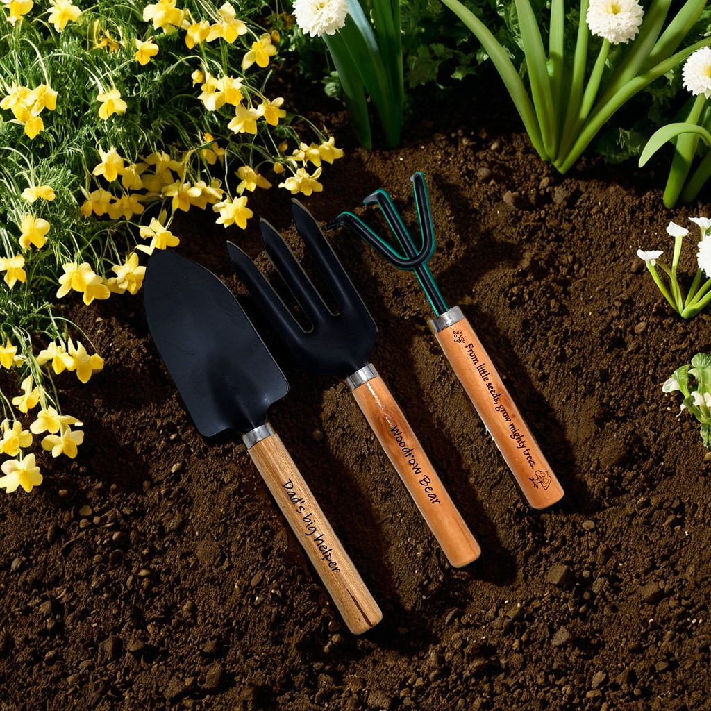 Custom garden tool set for kids with wooden handles
