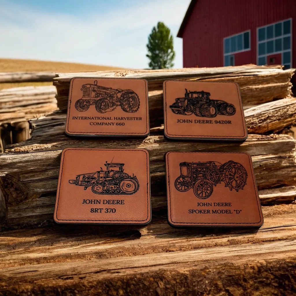 Farm-themed leatherette coasters with vintage tractor artwork