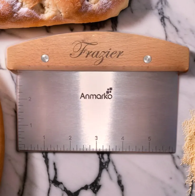 Engraved bench scraper for baking and dough cutting