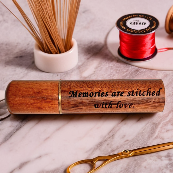 Engraved needle holder with brass hardware and custom text