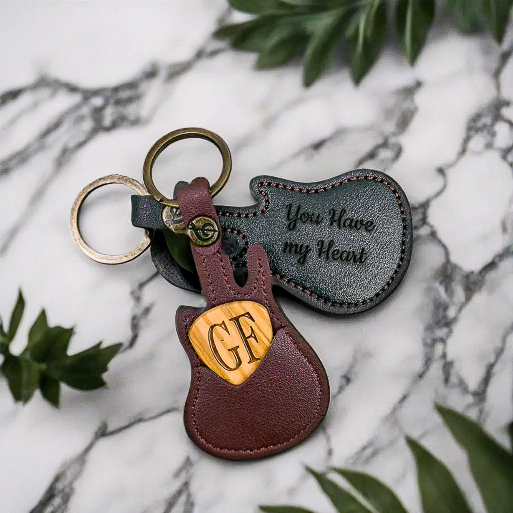 Custom Engraved Wooden Guitar Pick With Guitar Shaped Pick Holder Keychain