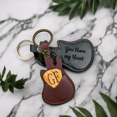 Custom Engraved Wooden Guitar Pick With Guitar Shaped Pick Holder Keychain