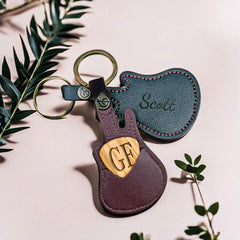 Custom Engraved Wooden Guitar Pick With Guitar Shaped Pick Holder Keychain