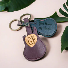 Custom Engraved Wooden Guitar Pick With Guitar Shaped Pick Holder Keychain