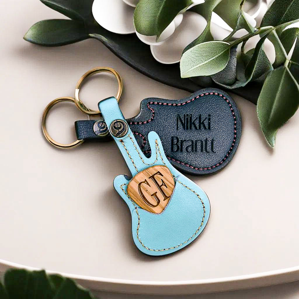 Custom Engraved Wooden Guitar Pick With Guitar Shaped Pick Holder Keychain