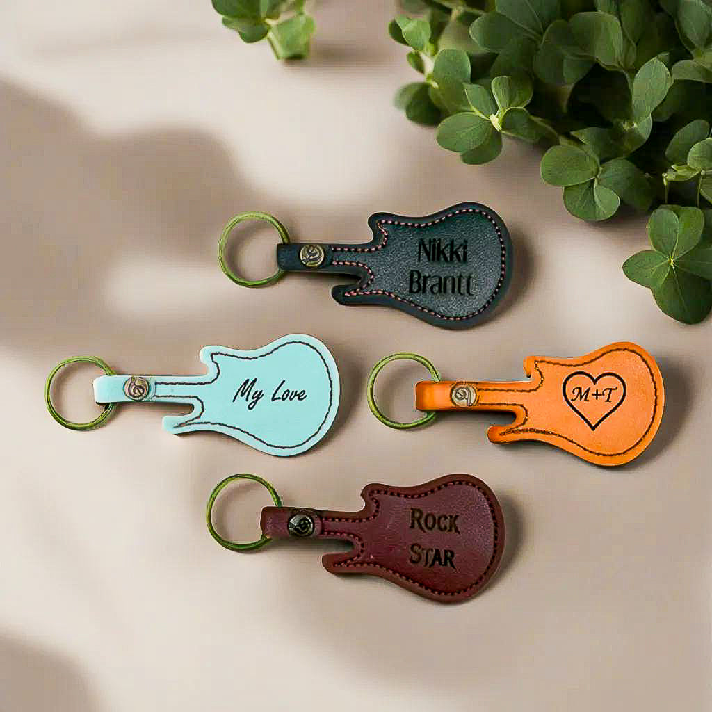Custom Engraved Stainless Steel Guitar Pick With Guitar Shaped Pick Holder Keychain