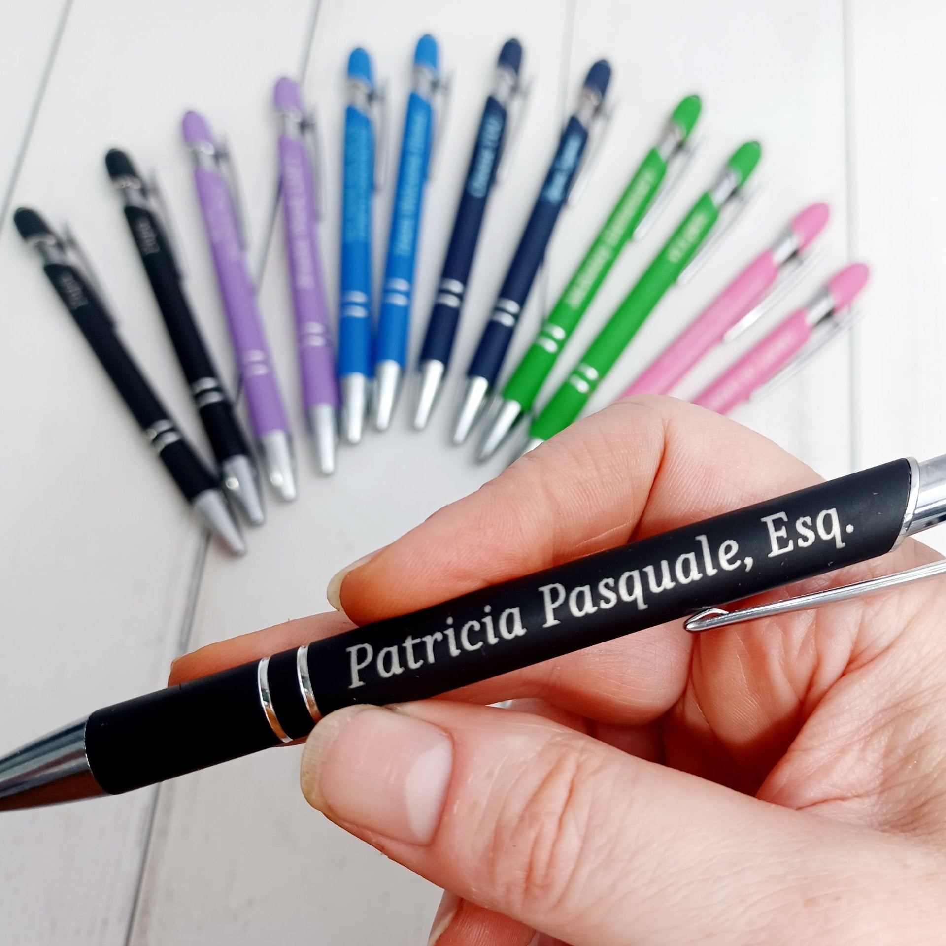 Custom engraved pen with personalized professional name and multiple color options