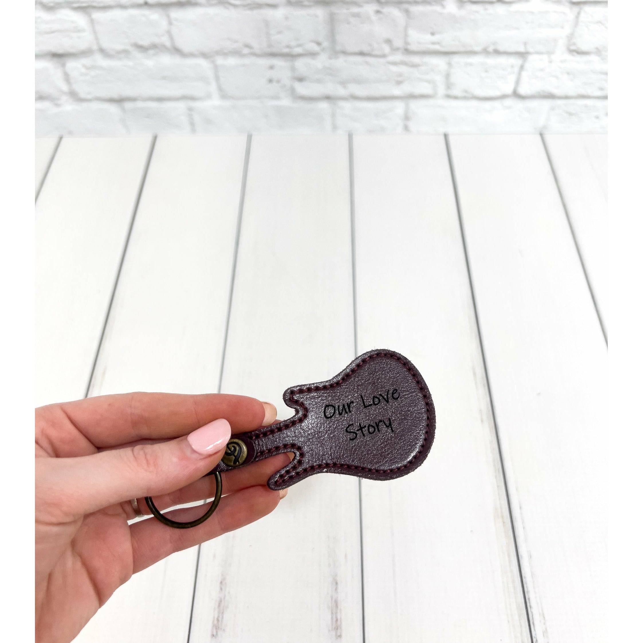 Personalized Leather Guitar Shaped Pick Holder Keychain