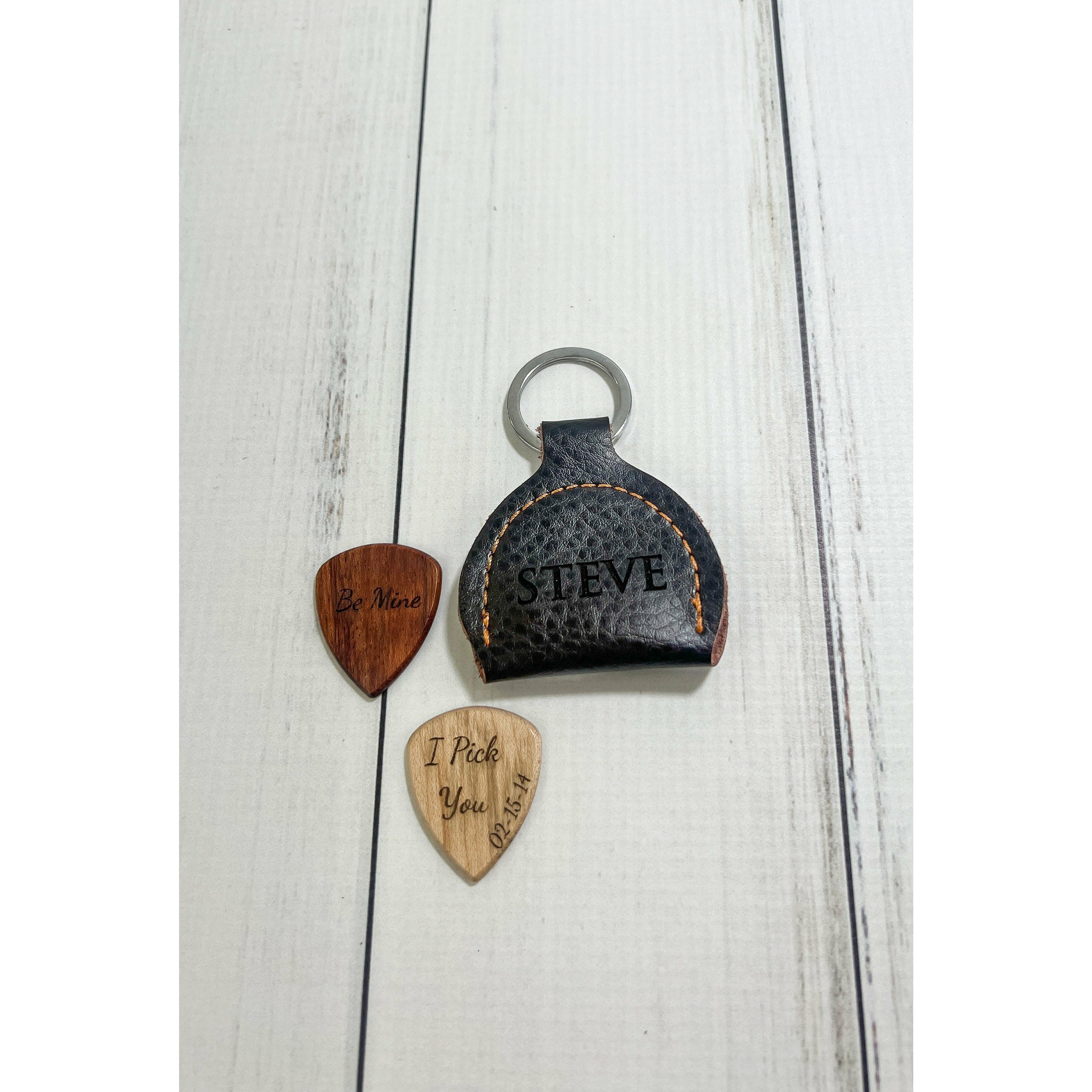 Personalized Guitar Pick Holder Keychain With Custom Wooden Guitar Pick