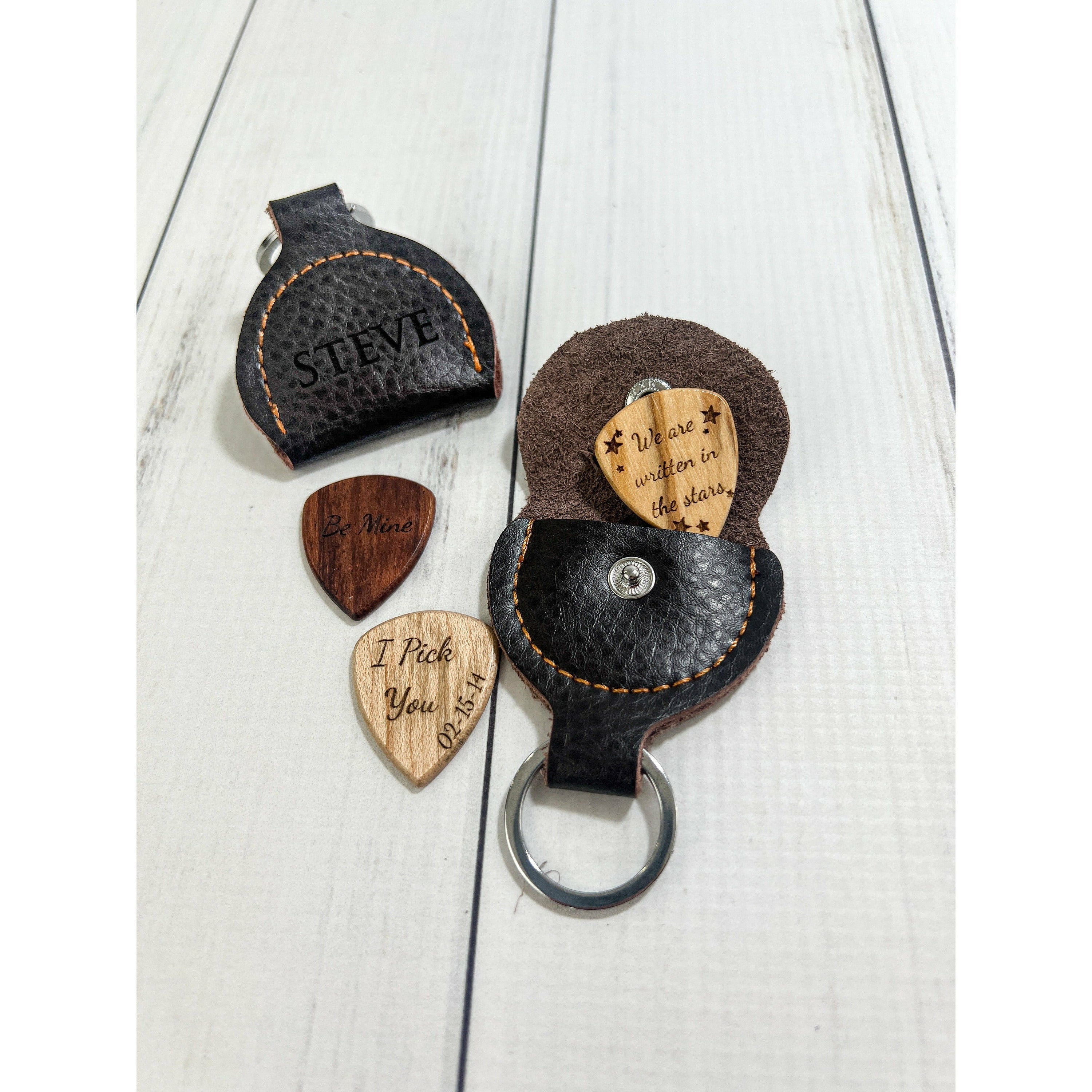 Personalized Guitar Pick Holder Keychain With Custom Wooden Guitar Pick