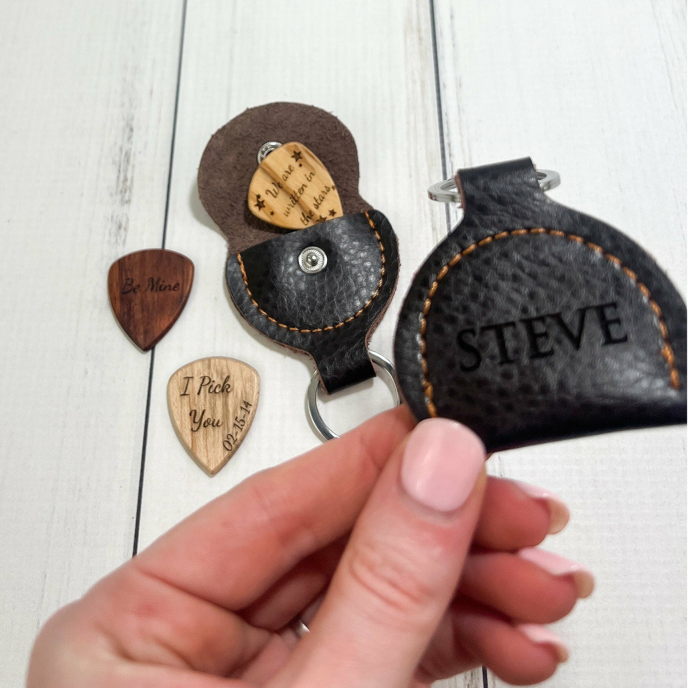 Personalized Guitar Pick Holder Keychain With Custom Wooden Guitar Pick