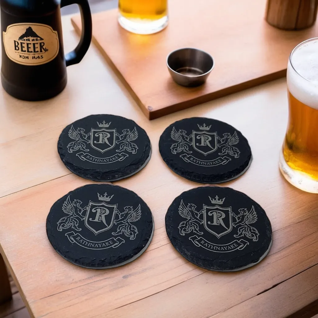 Heraldic slate coaster with crown shield and lions design