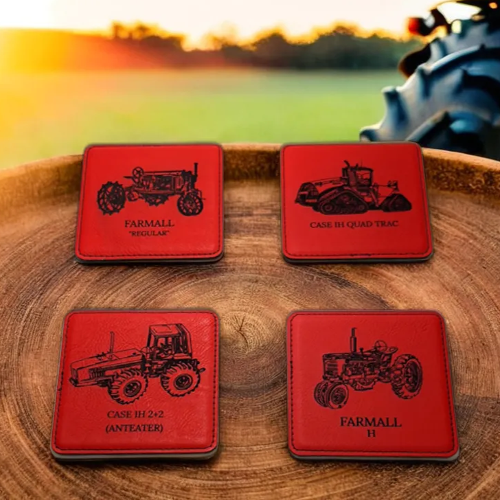 Laser engraved leatherette tractor coasters in red with vintage tractor designs