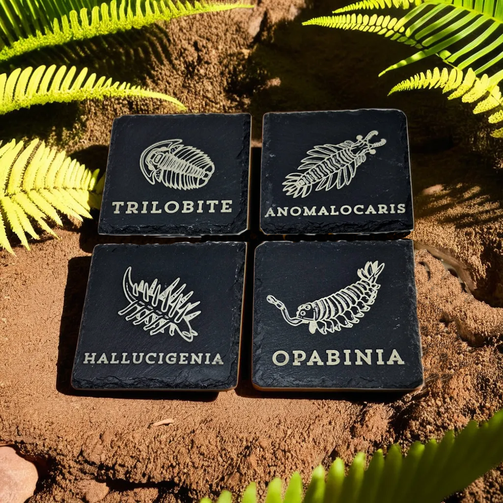 Cambrian slate coaster set with trilobite anomalocaris hallucigenia and opabinia