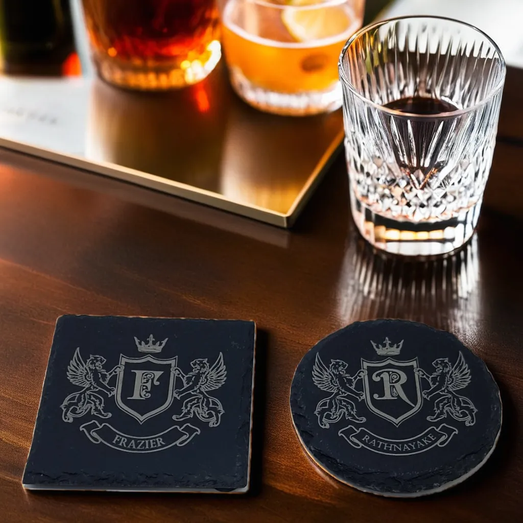 Engraved slate coaster with initial monogram and surname