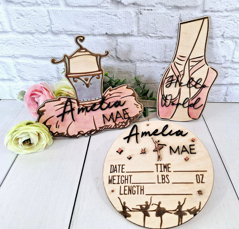 Ballet Themed Baby Milestones Signs With 1-12 Months Signs, Hello World Sign, Custom Name Sign, and Birth Announcement For Baby Girl