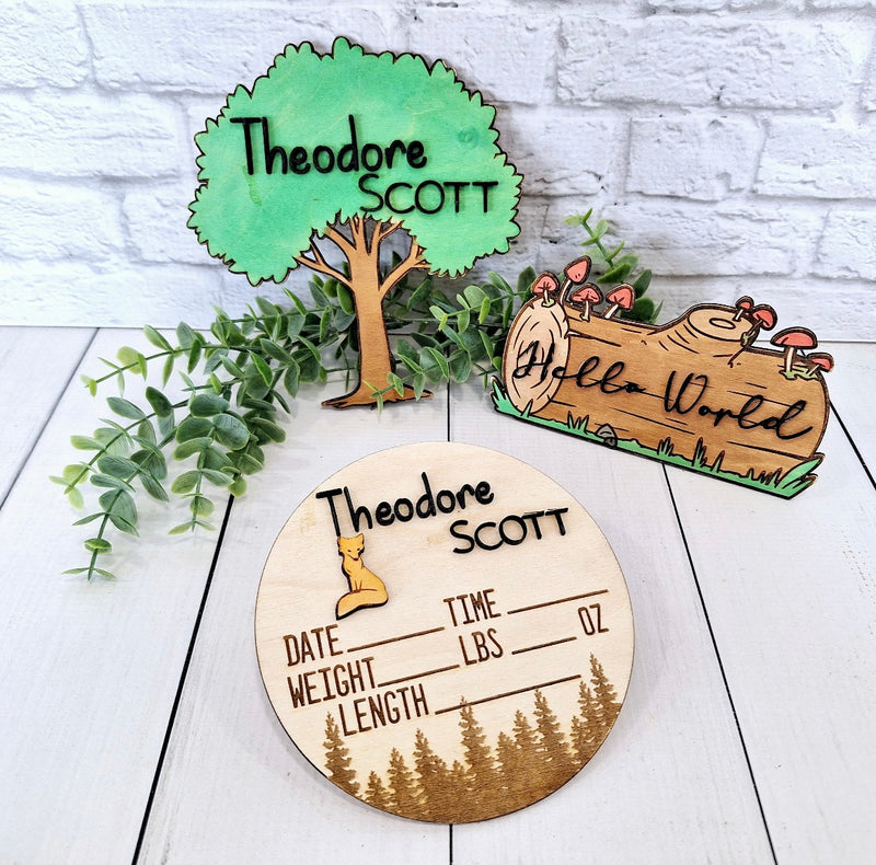 Woodland Creatures Themed Baby Milestones Signs With 1-12 Months Signs, Hello World Sign, Custom Name Sign, and Birth Announcement