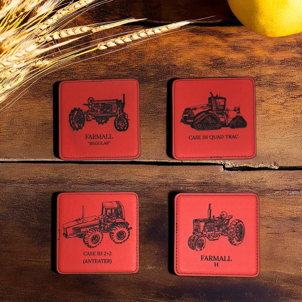 Laser engraved tractor drink coasters in red brown and grey