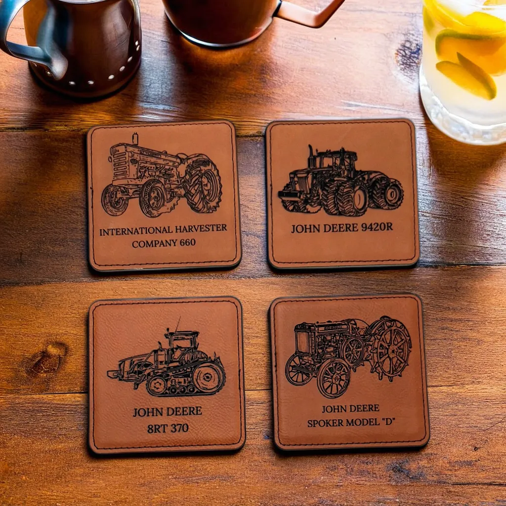 Farm-themed leatherette coasters with vintage tractor artwork
