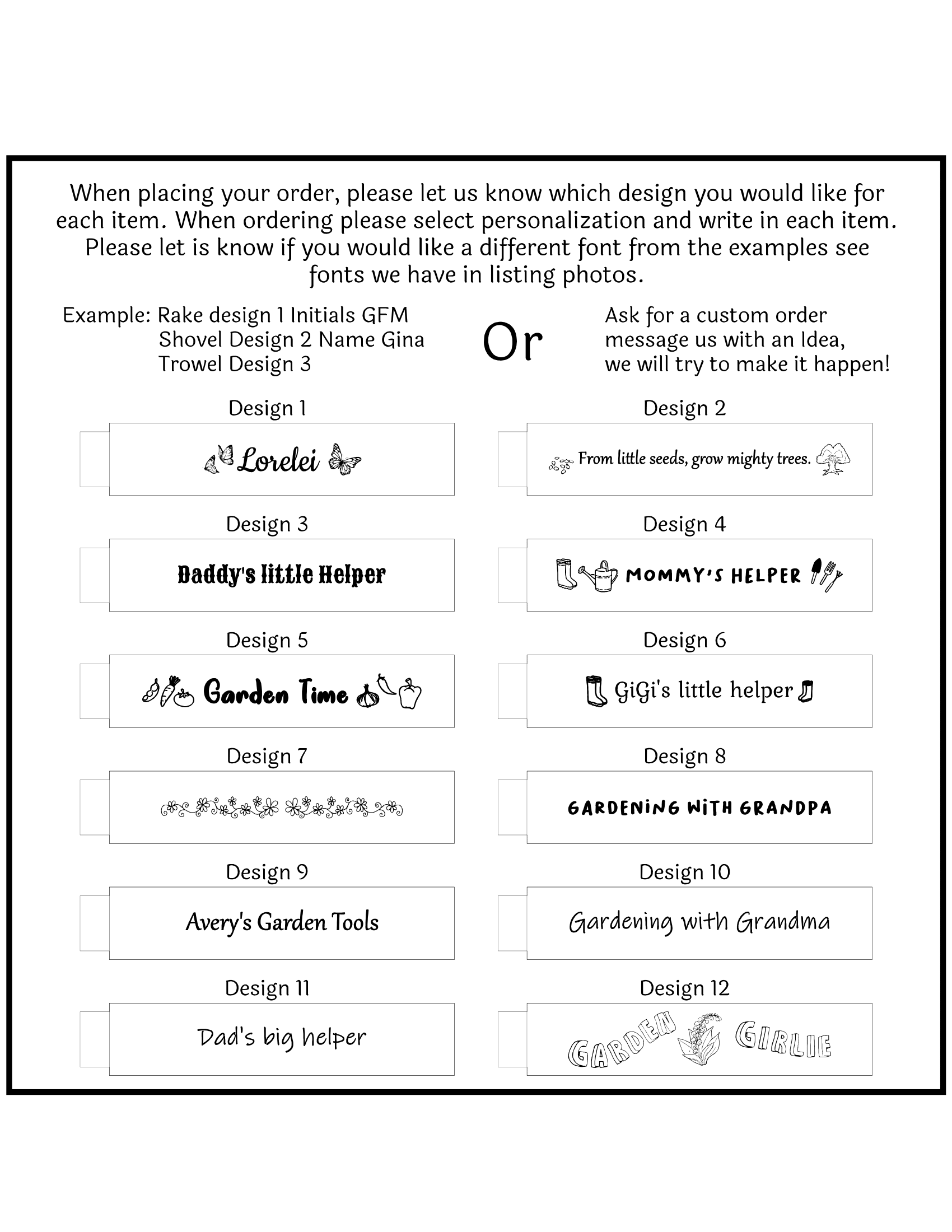 Personalized kids garden tool set Message text guide