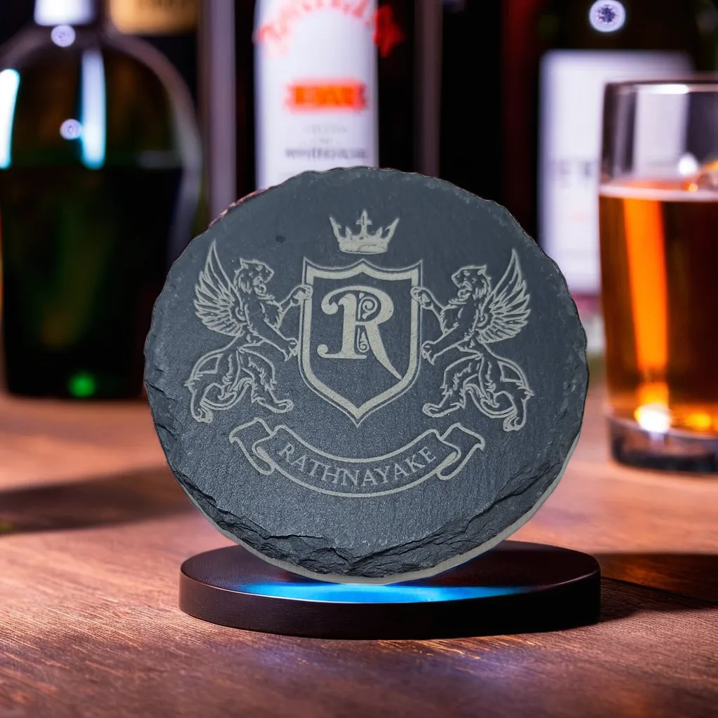 Engraved slate coaster with initial monogram and surname