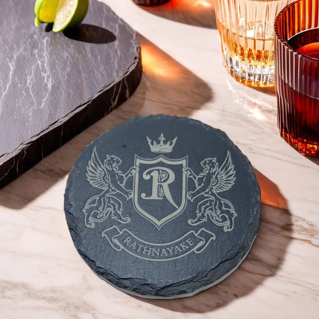 Engraved slate coaster with initial monogram and surname
