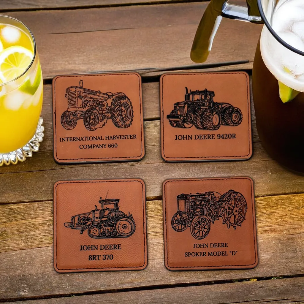 Rustic tractor coasters with John Deere and Farmall designs