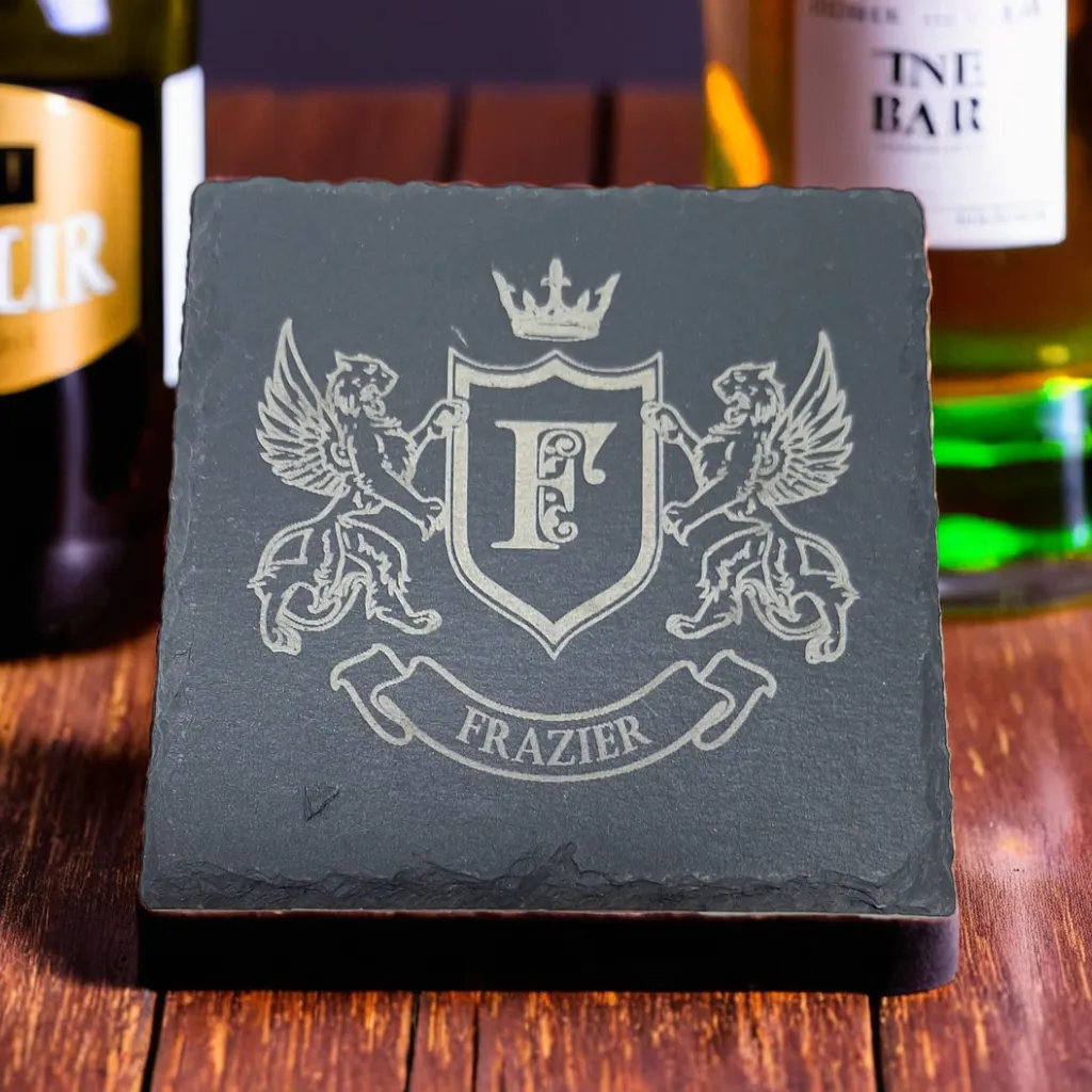 Engraved slate coaster with initial monogram and surname