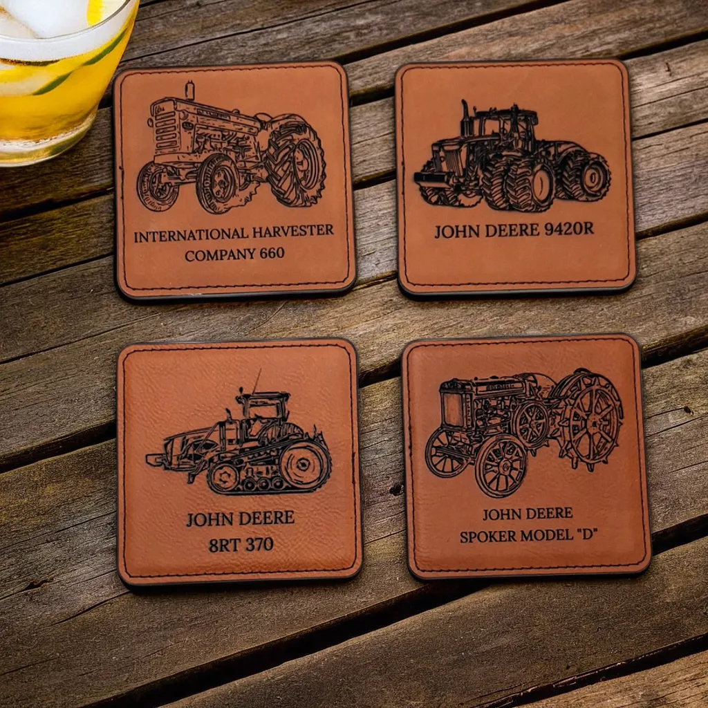 Farm-themed leatherette coasters with vintage tractor artwork