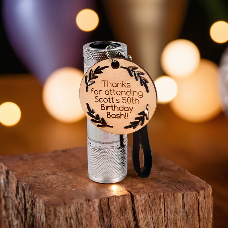 Silver Flashlights With Personalized Wooden Tag