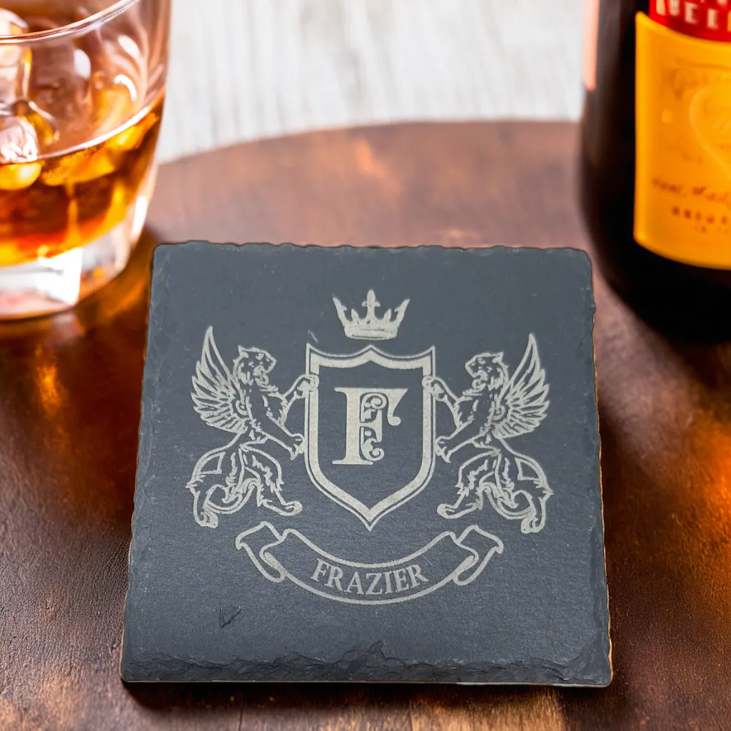 Engraved slate coaster with initial monogram and surname