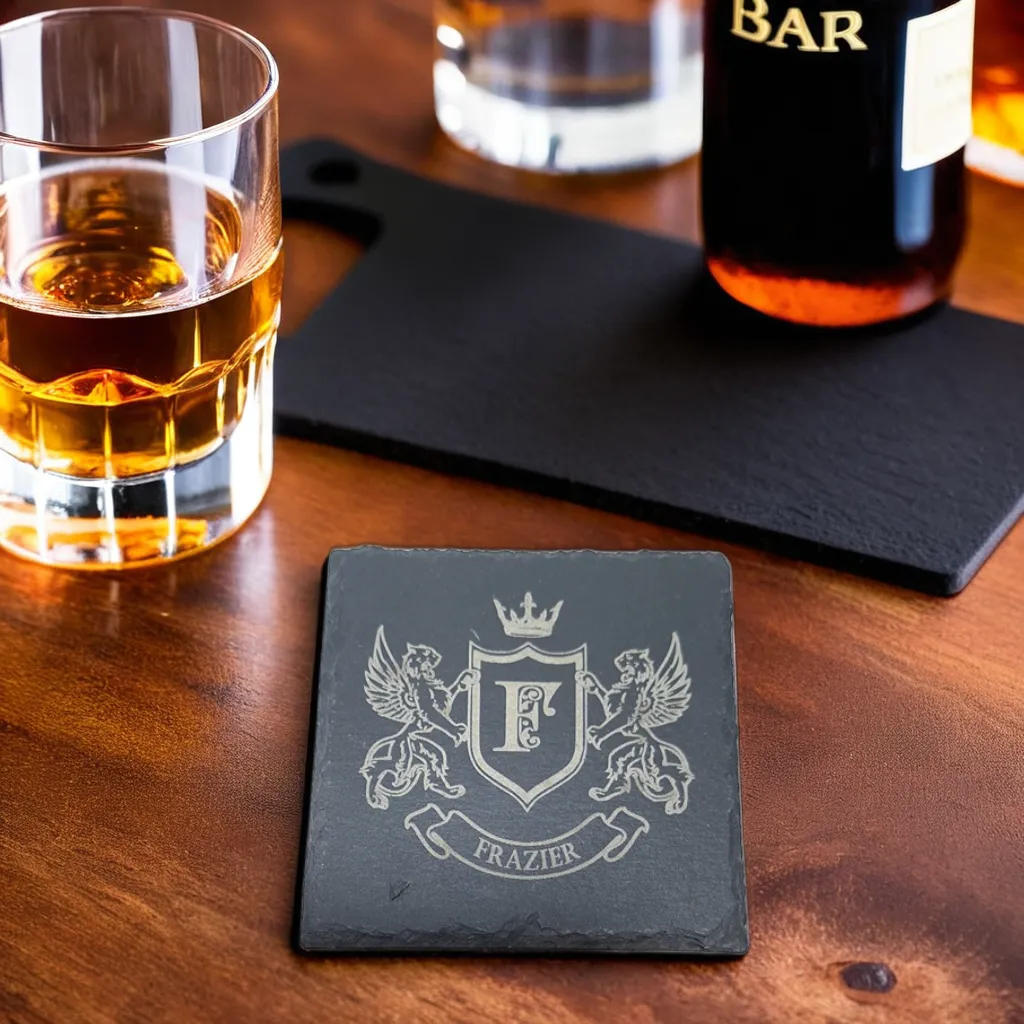 Engraved slate coaster with initial monogram and surname