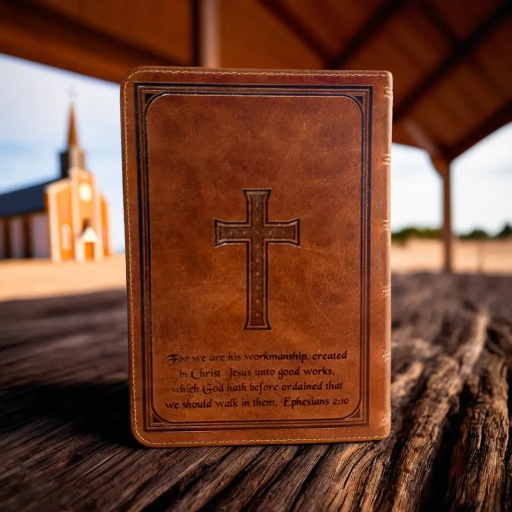 Personalized leather Bible displayed in church