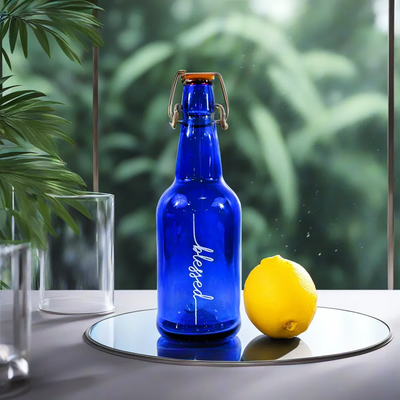 Personalized 16 oz Blue Glass Water Bottle