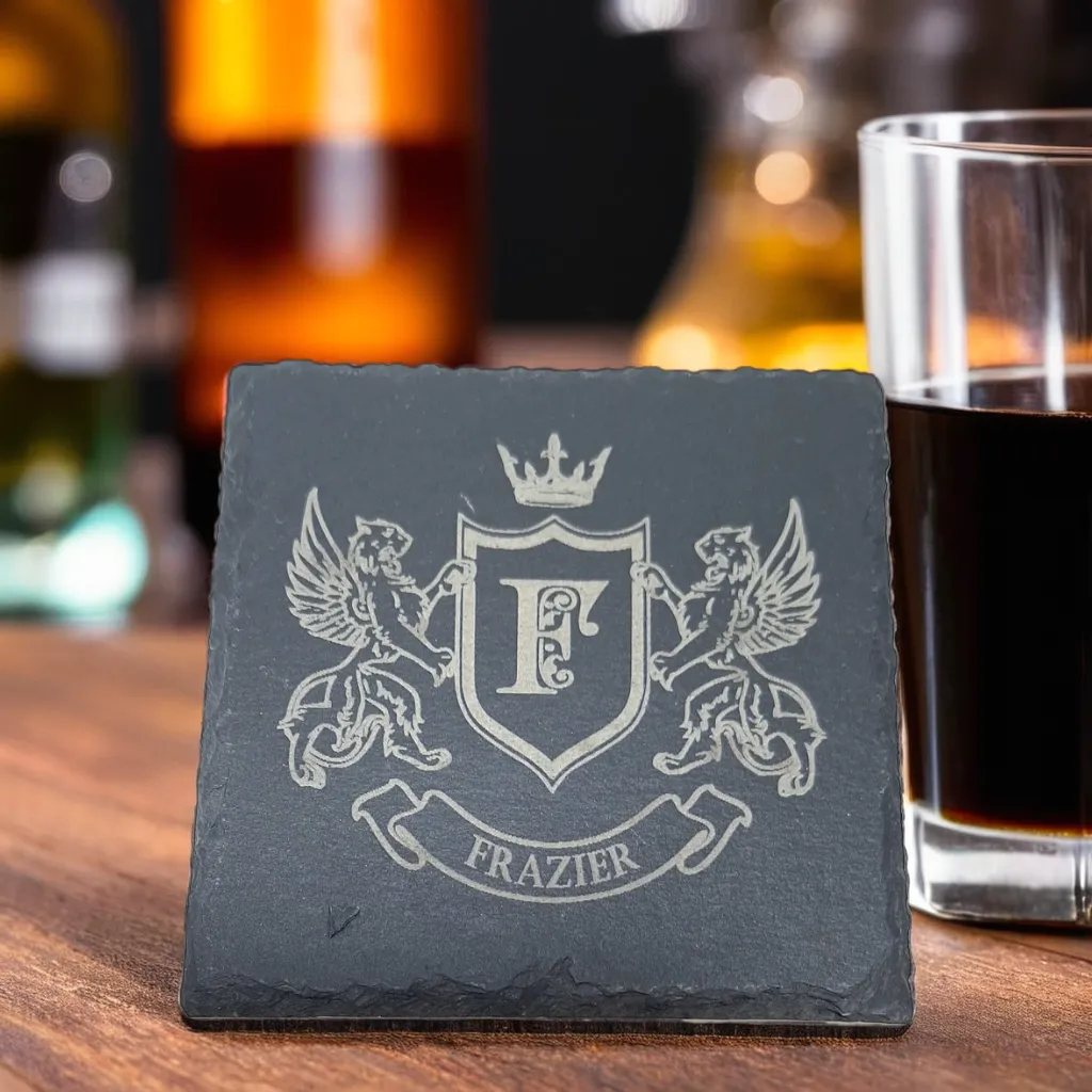 Natural slate coaster with custom crest design