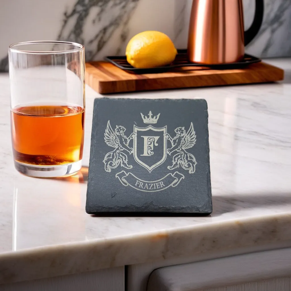 Engraved slate coaster with initial monogram and surname