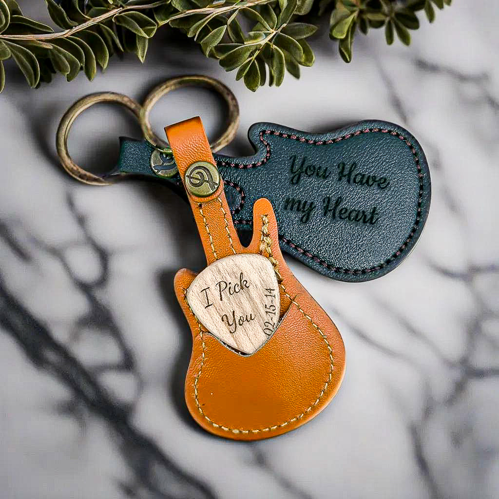 Custom Engraved Wooden Guitar Pick With Guitar Shaped Pick Holder Keychain