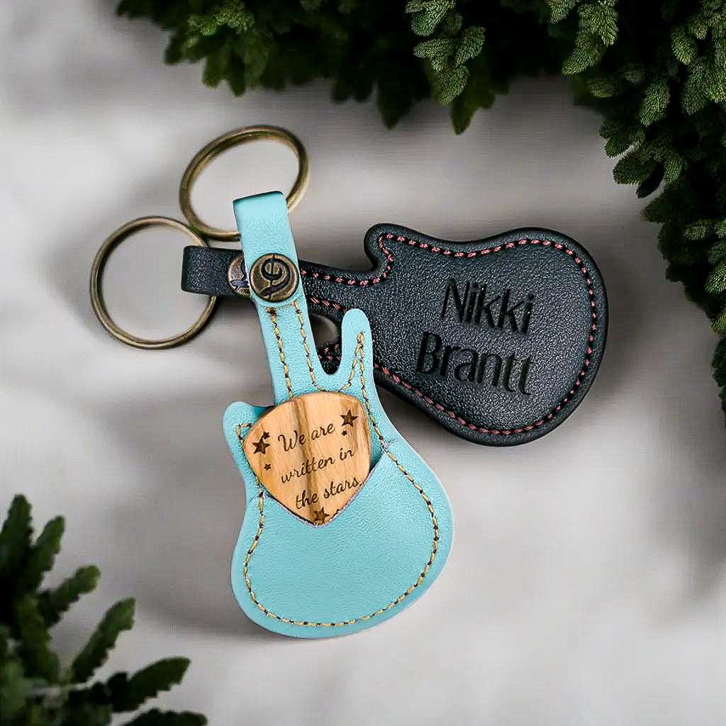 Custom Engraved Wooden Guitar Pick With Guitar Shaped Pick Holder Keychain