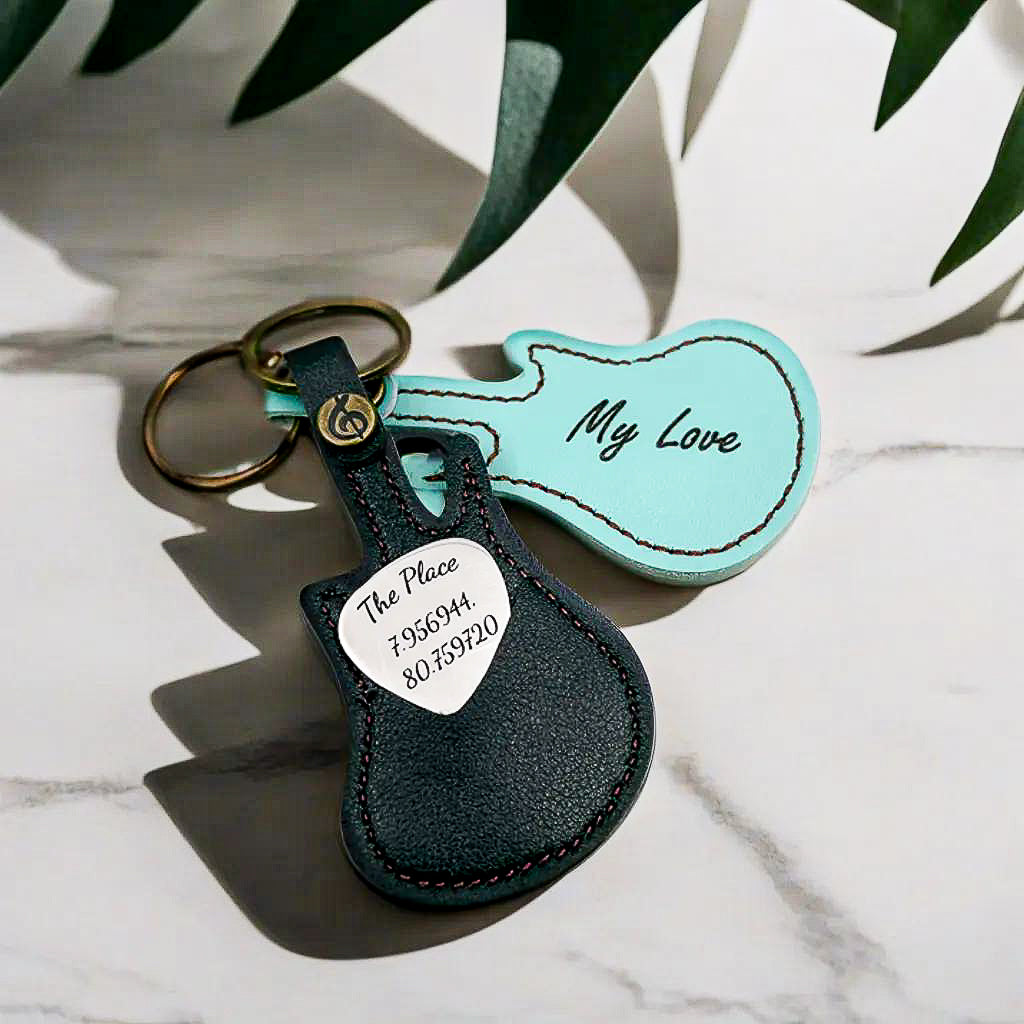 Custom Engraved Stainless Steel Guitar Pick With Guitar Shaped Pick Holder Keychain