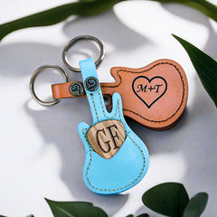 Custom Engraved Wooden Guitar Pick With Guitar Shaped Pick Holder Keychain