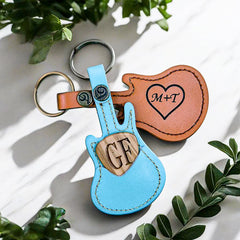 Custom Engraved Wooden Guitar Pick With Guitar Shaped Pick Holder Keychain