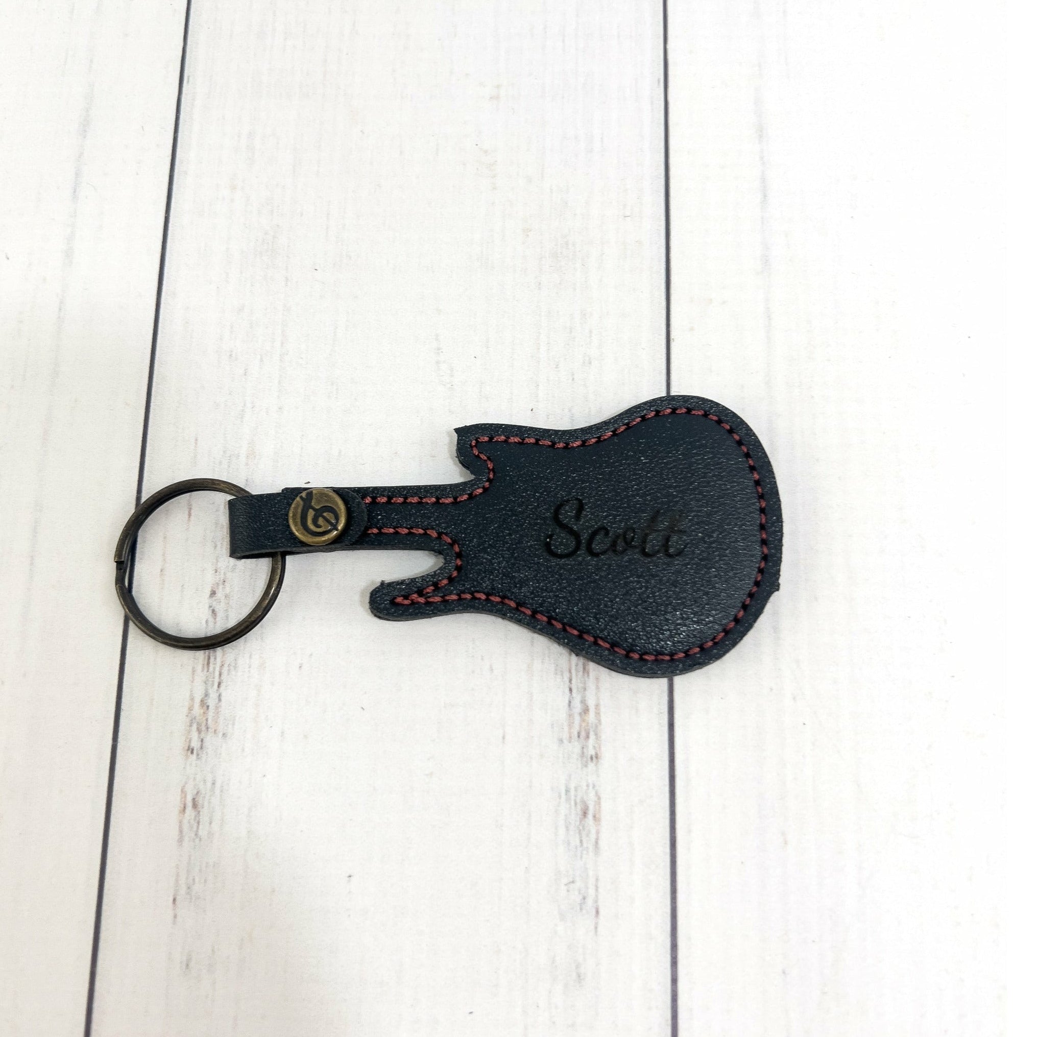 Personalized Leather Guitar Shaped Pick Holder Keychain